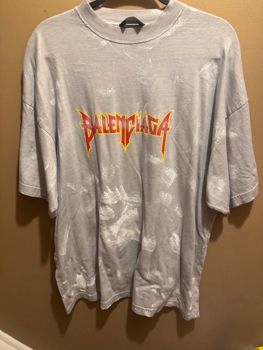 Balenciaga Light Gray Short-Sleeve Logo Tee with Red & Yellow Print